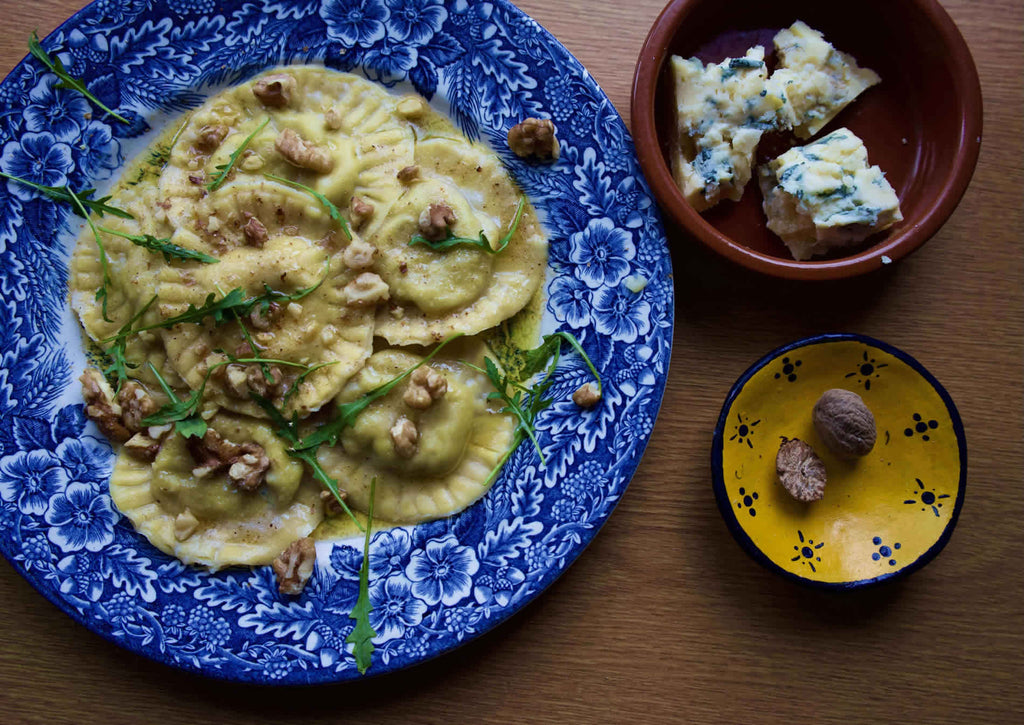 Cornish Blue & pear ravioli with nutmeg butter recipe